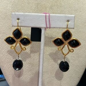 Jet Black Triple Cabochon & Matte Gold Drop Earrings-Boutique